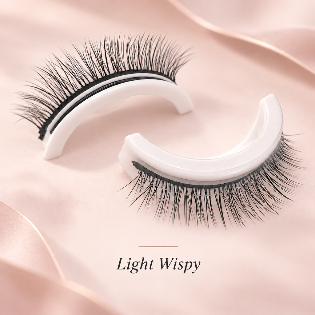 A pair of false eyelashes labeled 'Light Wispy' on a soft pink satin background. The lashes are wispy and light in color, attached to white plastic curlers.
