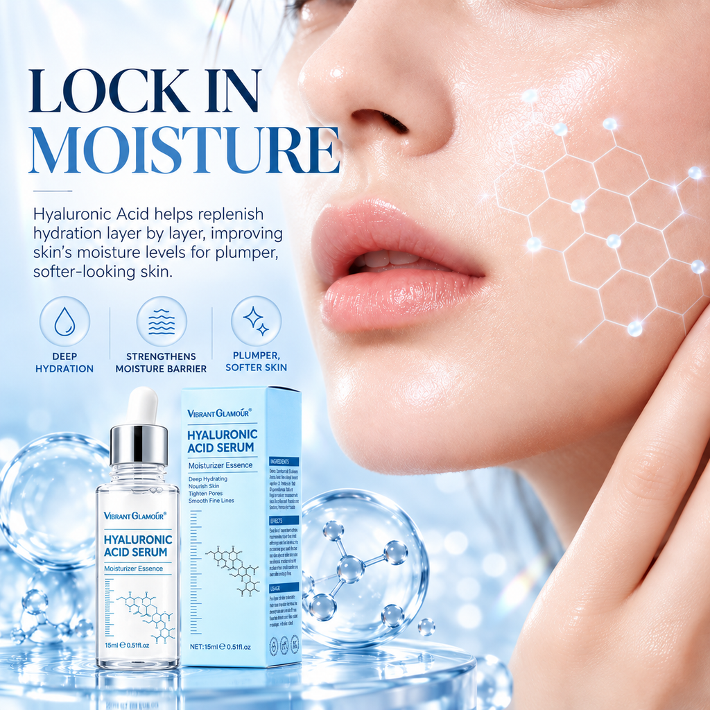 Venus Quanli's Hyaluronic Acid Serum bottle and box displayed next to a close-up of a woman's face with glowing skin and a molecular graphic overlay, under the headline 'LOCK IN MOISTURE'.