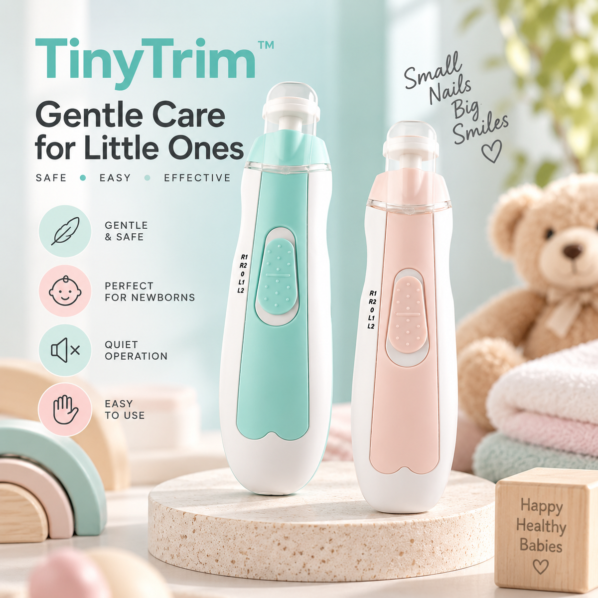 TinyTrim electric baby nail trimmer in mint blue and pink with gentle filing and quiet operation features