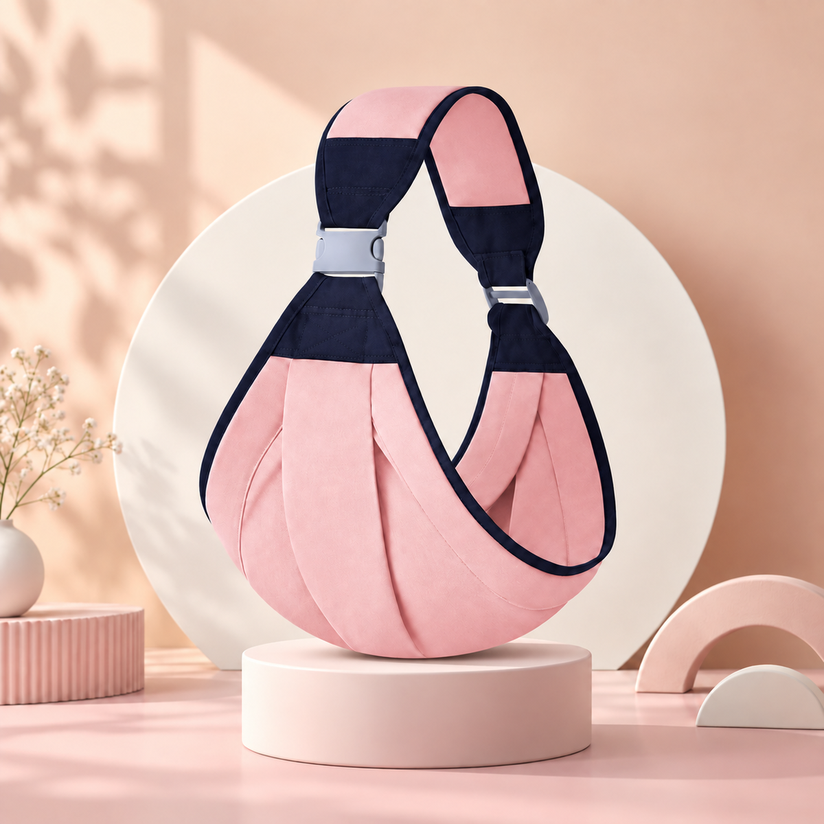 A pink and navy blue shoulder bag with a structured, draped design, displayed on a round pedestal in a soft pink studio setting.