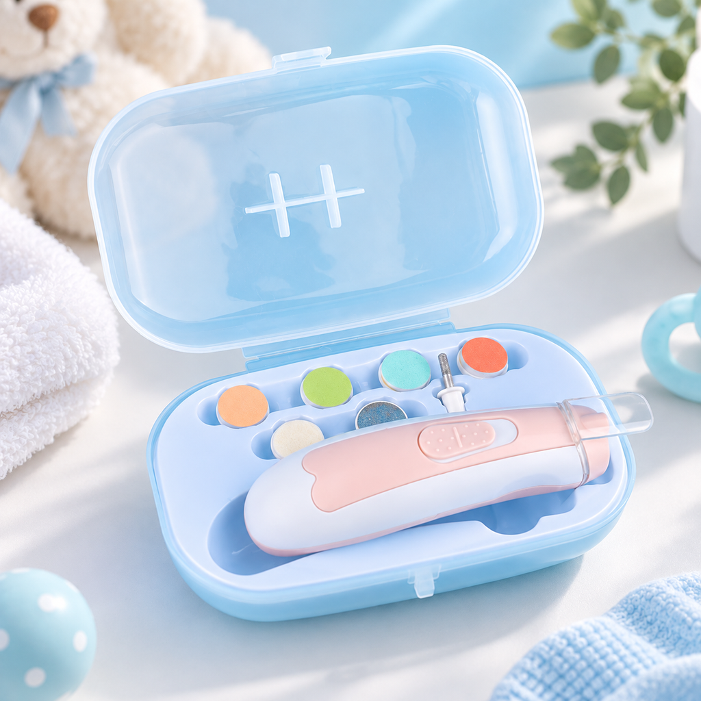 TinyTrim pink electric baby nail trimmer set with storage case and interchangeable filing attachments