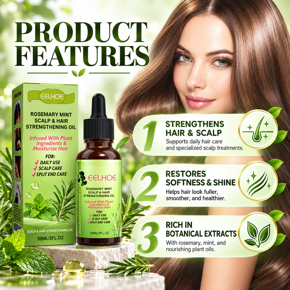 Rosemary Mint Scalp & Hair Strengthening Oil product features graphic with a woman with long brown hair, the product box and bottle, and three numbered benefit callouts on a light green background.