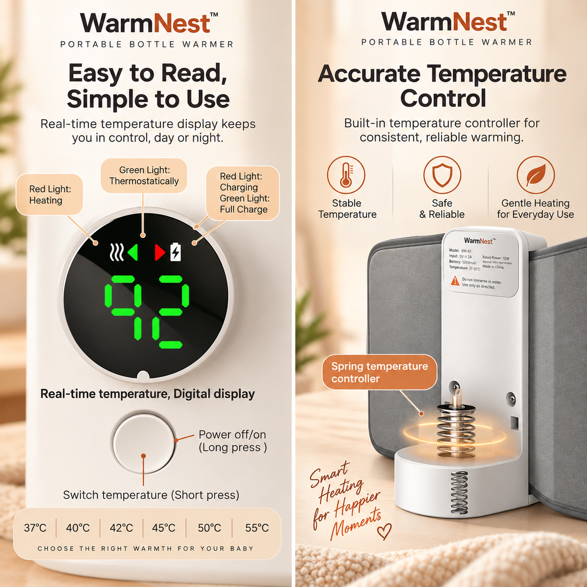 WarmNest portable bottle warmer shown in a split infographic with feature callouts: left side highlights easy-to-read simple use with a digital display and temperature labels, right side highlights accurate temperature control with icons for stable temperature, safe & reliable, and gentle heating.