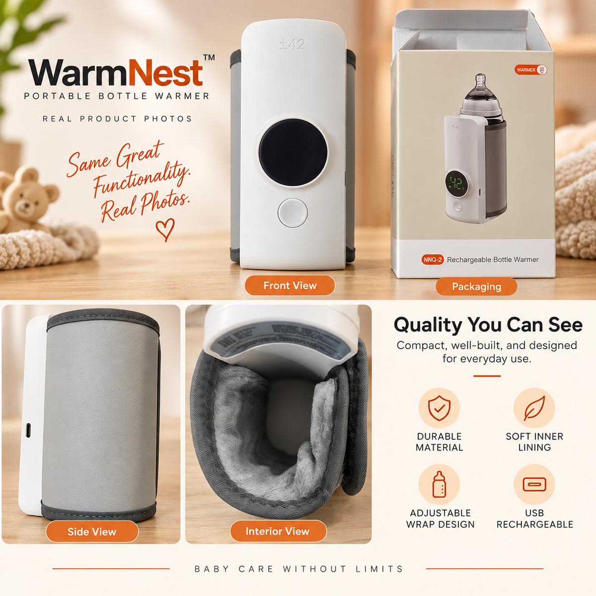WarmNest portable bottle warmer shown in multiple views on a light wood background, including front, side, and interior views, alongside its retail packaging. The product is white and gray with a soft gray inner lining, and the image includes marketing text and feature icons.