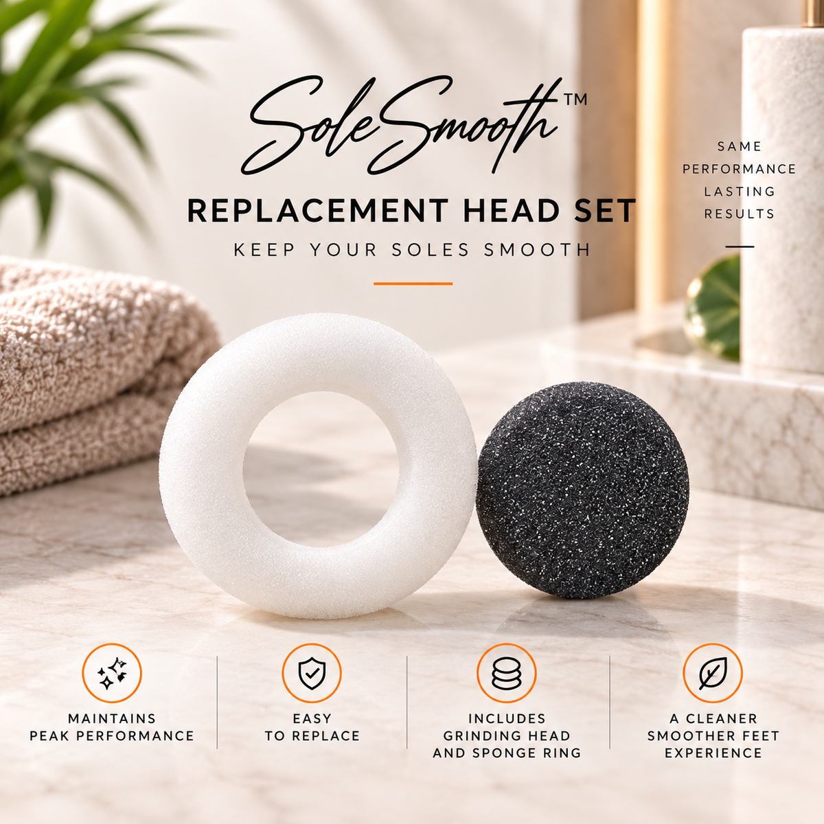 SoleSmooth replacement head set featuring a white foam ring and a black textured sponge head, displayed on a marble surface with a folded towel and decorative background elements. Text overlays describe the product and its benefits.