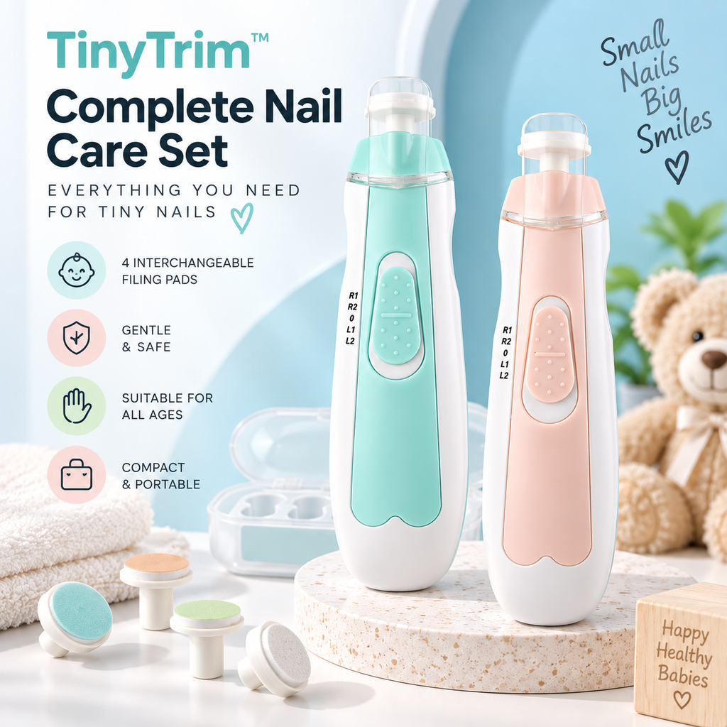 TinyTrim complete baby nail care set with electric trimmer and interchangeable filing pads