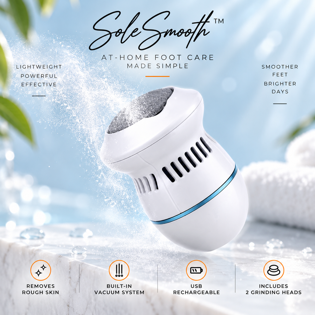 A white SoleSmooth at-home foot care device with a blue accent ring, shown in a water-splashed promotional graphic with text callouts and feature icons.