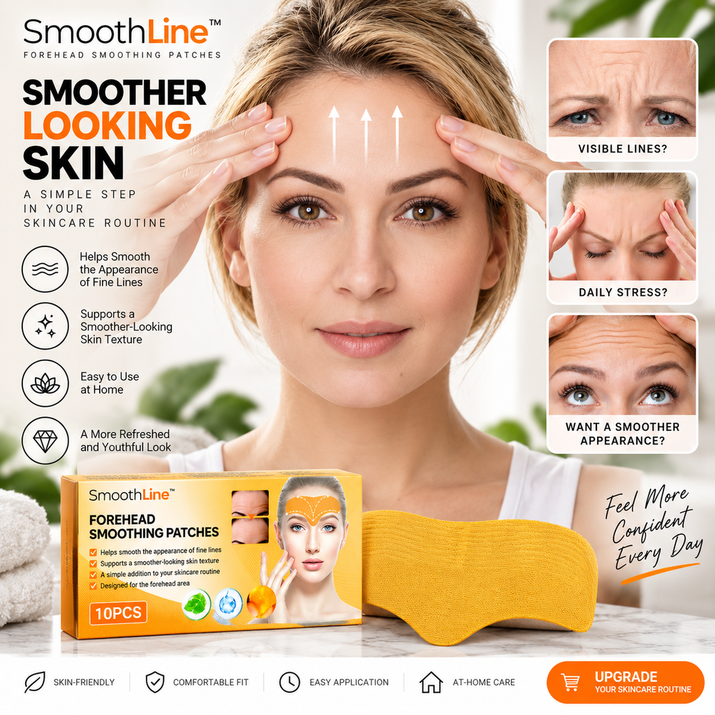A promotional graphic for SmoothLine Forehead Smoothing Patches, showing a woman touching her forehead with arrows indicating smoother lines, alongside before/after style face close-ups and the product box and yellow patches.