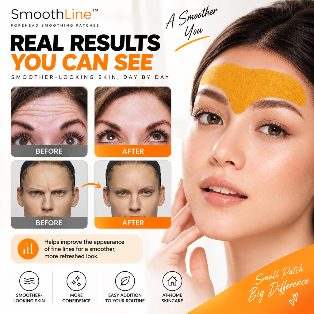 A promotional graphic for SmoothLine forehead smoothing patches. The image features a woman with a yellow-orange patch applied to her forehead, alongside before-and-after comparison photos of her forehead showing the reduction of fine lines.