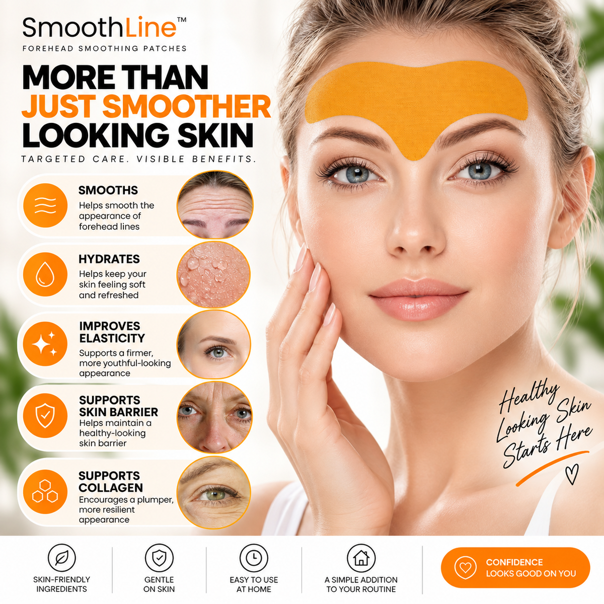 A promotional graphic for SmoothLine forehead smoothing patches. A woman's face is shown with an orange patch applied to her forehead, with her hand touching her cheek.