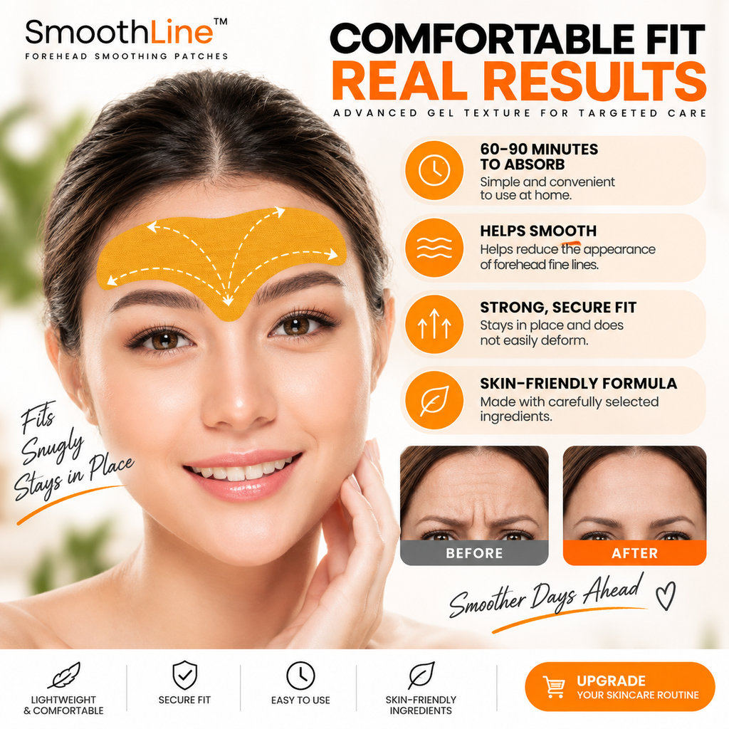 Promotional graphic for SmoothLine forehead smoothing patches, showing a woman with an orange patch applied to her forehead and text detailing benefits such as comfortable fit, real results, and skin-friendly formula. Includes before-and-after eye area close-ups and feature icons.
