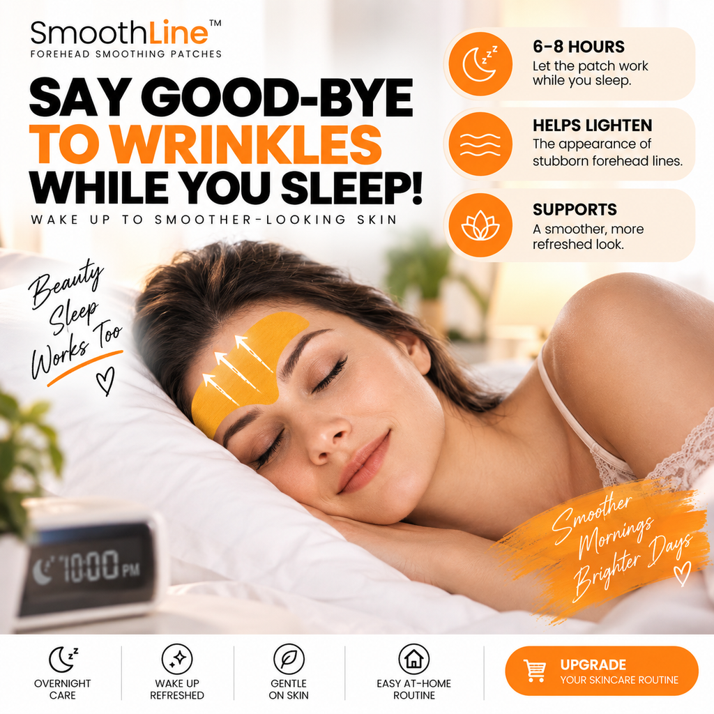 A promotional graphic for SmoothLine forehead smoothing patches, featuring a sleeping woman with an orange patch applied to her forehead. The design includes text highlighting benefits such as 'SAY GOOD-BYE TO WRINKLES WHILE YOU SLEEP!' and feature callouts with icons, set against a clean white background.