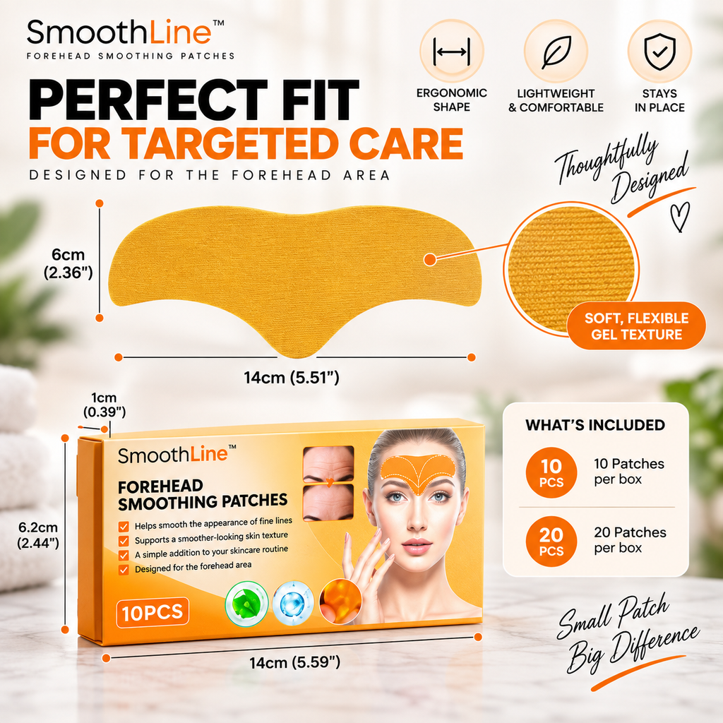A product infographic for SmoothLine Forehead Smoothing Patches, showing the patch shape, dimensions, texture closeup, packaging box, included count, and feature icons on a clean white background.