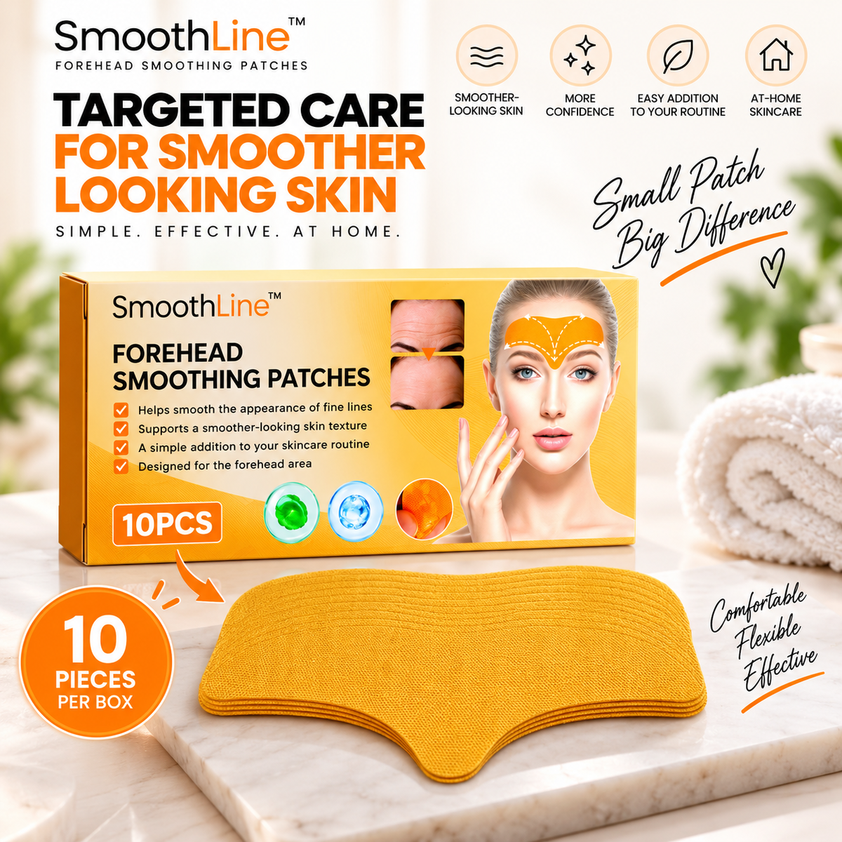 SmoothLine forehead smoothing patches shown in a retail package with a folded yellow patch in front, plus marketing text and skincare-themed props on a light background.