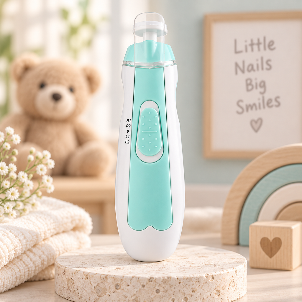 TinyTrim mint blue electric baby nail trimmer displayed in a soft nursery setting for gentle baby nail care