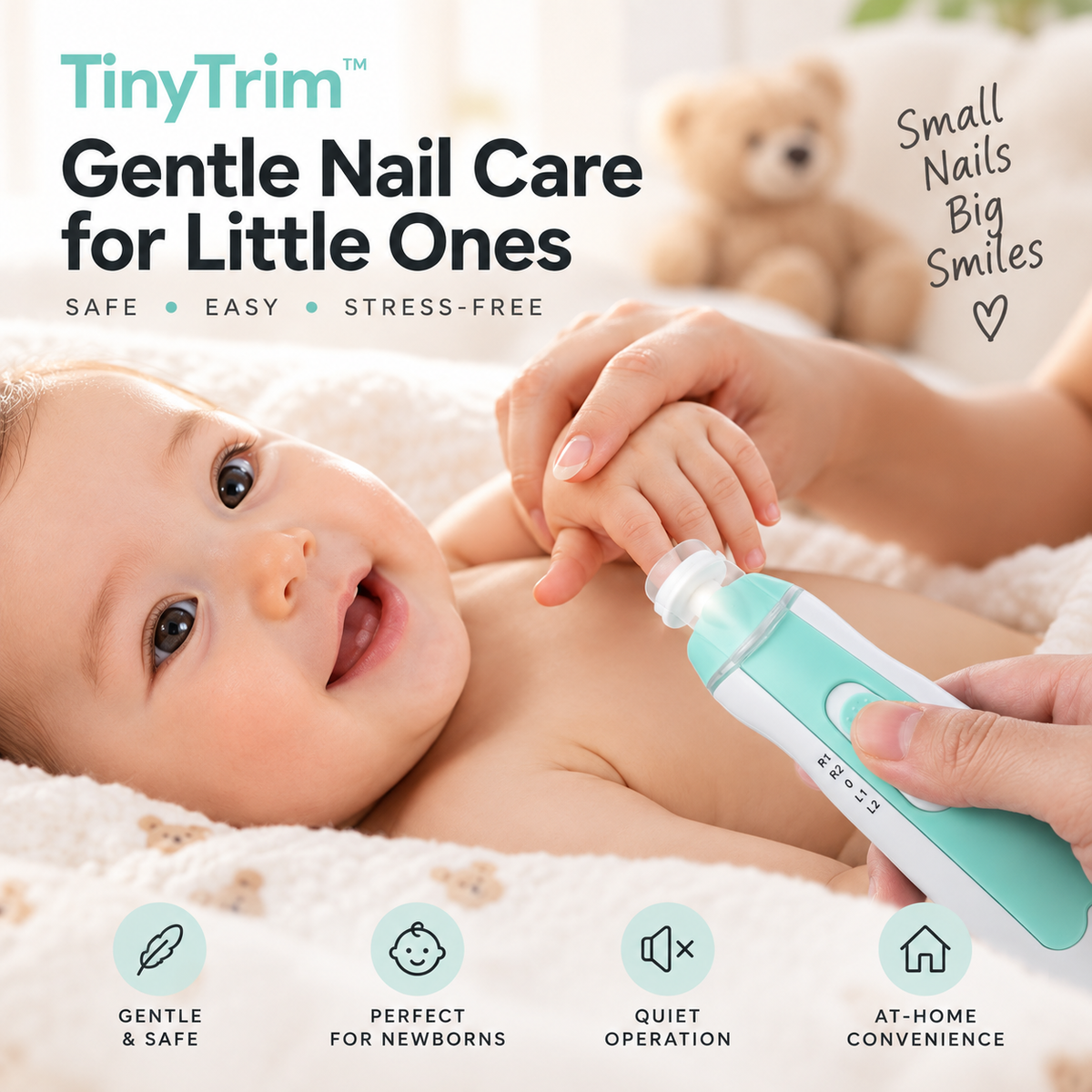TinyTrim electric baby nail trimmer gently filing a baby's nails for easy at-home nail care