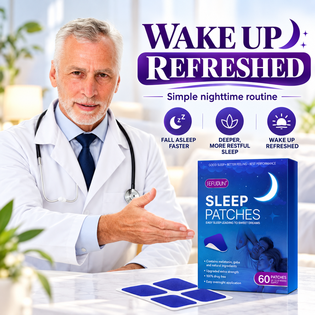 A doctor in a white lab coat gestures toward a box of sleep patches on a table, with three blue patches laid out in front. Large text reads 'WAKE UP REFRESHED' and 'Sleep Patches,' with feature icons for falling asleep faster, deeper restful sleep, and waking refreshed.