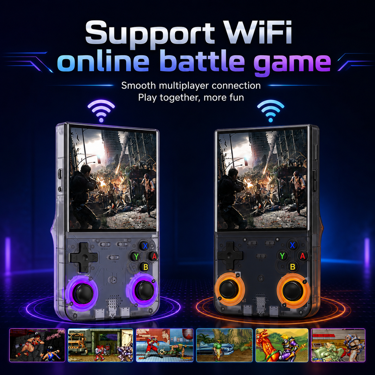 Two handheld retro-style gaming consoles shown side by side on a dark blue promotional background with glowing purple and orange accents. Large text at the top reads 'Support WiFi online battle game,' and small game thumbnails appear along the bottom.