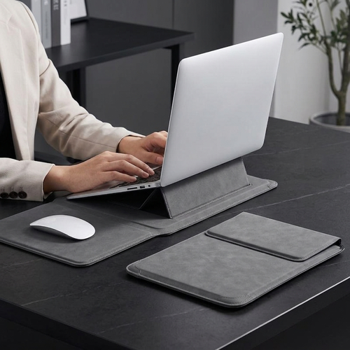 A gray tablet sleeve and matching mouse pad set on a dark desk, with a person typing on a silver laptop in a modern office setting.
